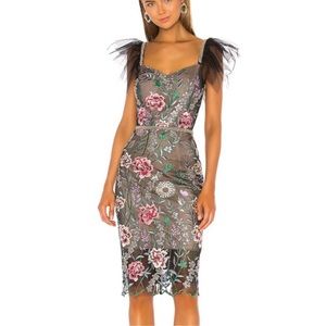 Bronx and Banco Gray Embroidered Floral Midi Dress with Black Tulle Shoulders